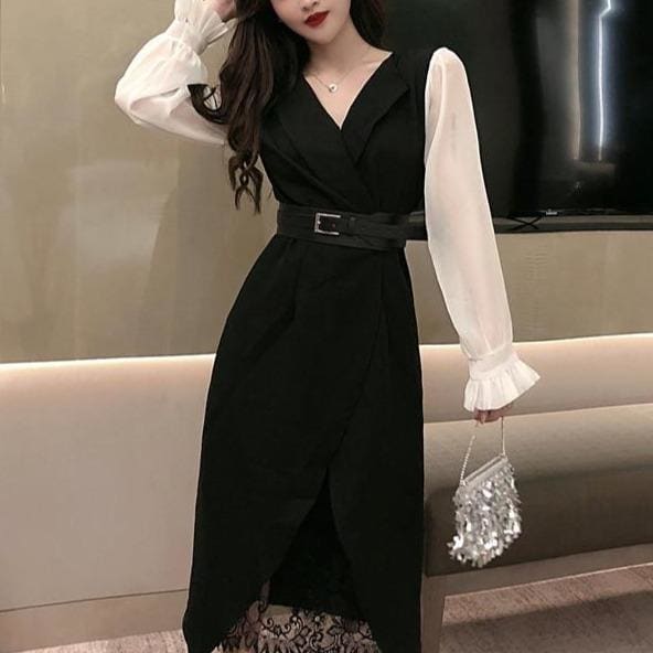 Ladies Business Suit Lace Long T-shirt A Set MK0427 - KawaiiMoriStore