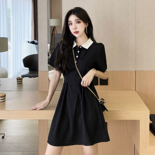 Lapel Waist Pleated Mini Dress