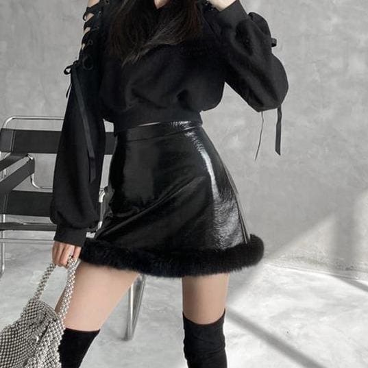 Leather Plush A-line Short Skirt MM0659 - KawaiiMoriStore