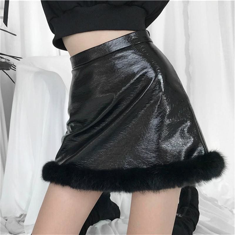 Leather Plush A-line Short Skirt MM0659 - KawaiiMoriStore