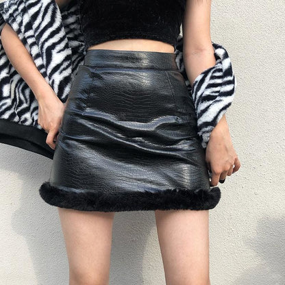 Leather Plush A-line Short Skirt MM0659 - KawaiiMoriStore