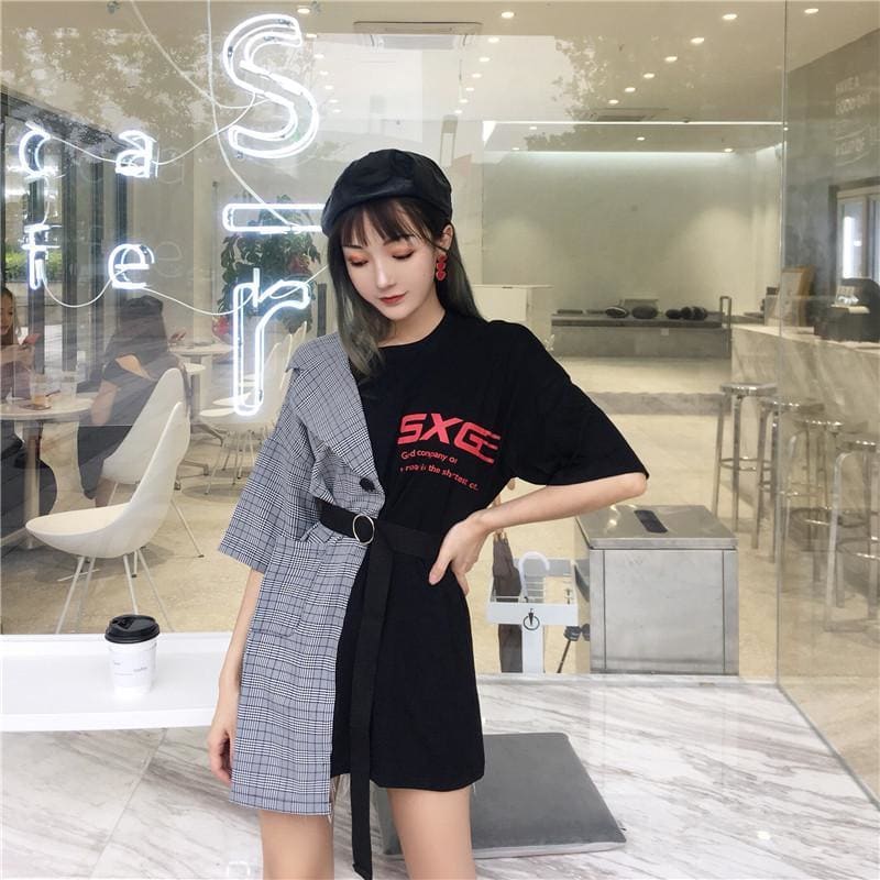 Letter Plaid Fake Two-Piece Stitching Mini Dress