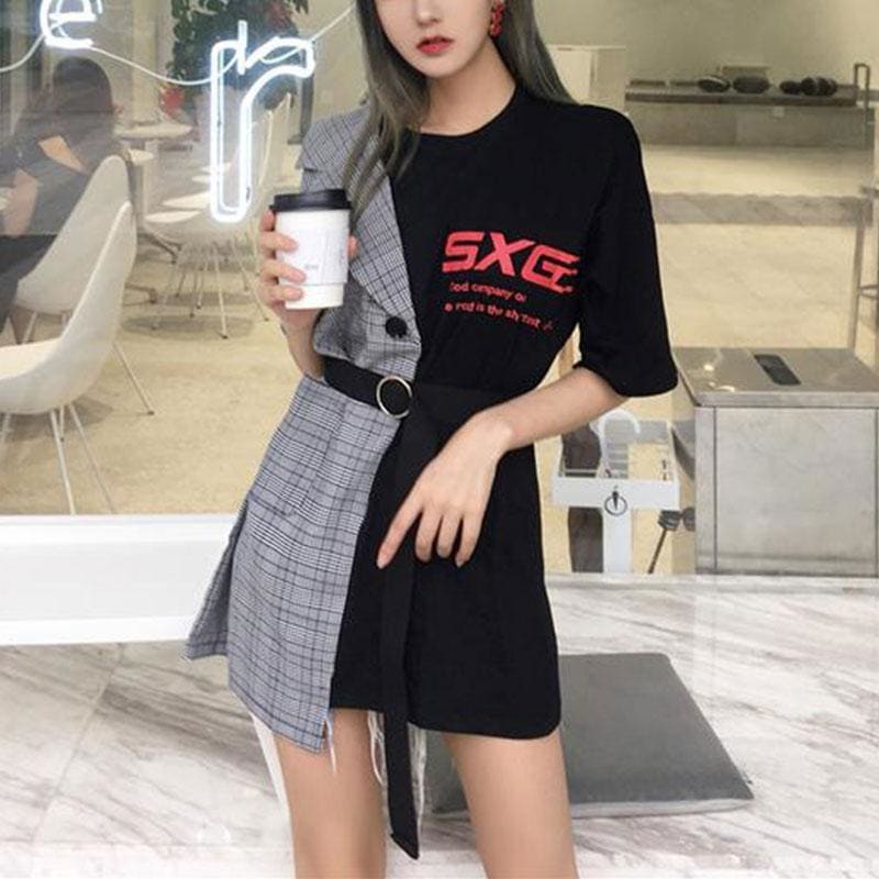 Letter Plaid Fake Two-Piece Stitching Mini Dress