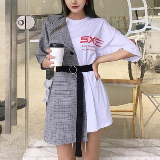 Letter Plaid Fake Two-Piece Stitching Mini Dress