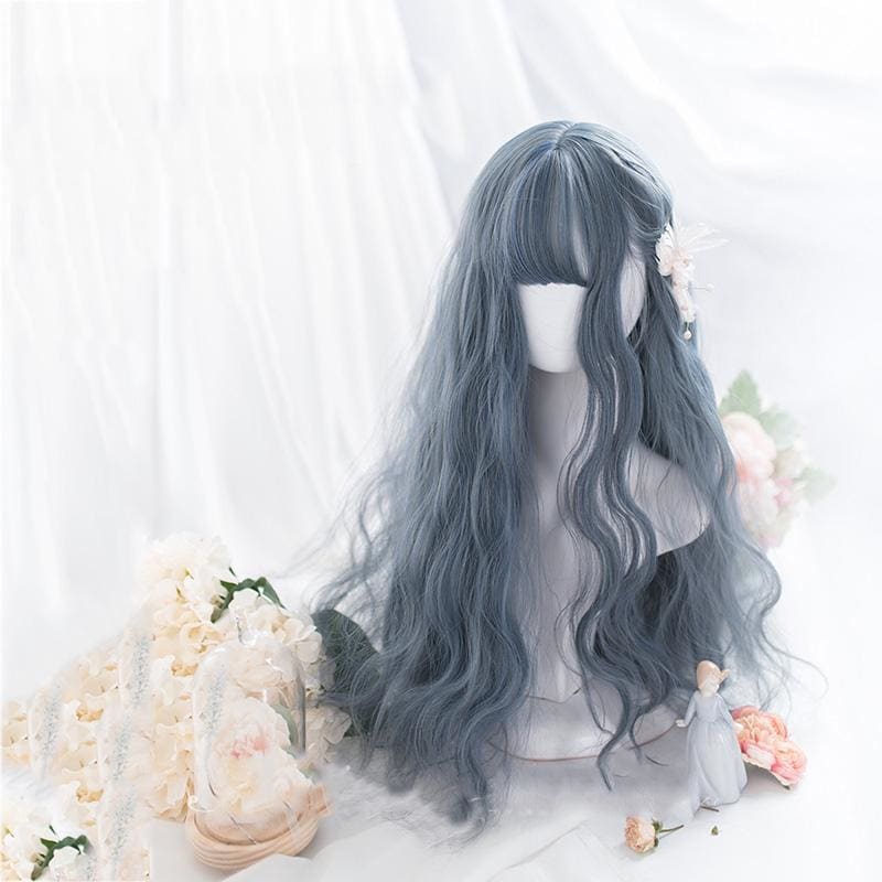 Lolita Blue Gray Wavy Long Curly Wig MK15443 - KawaiiMoriStore