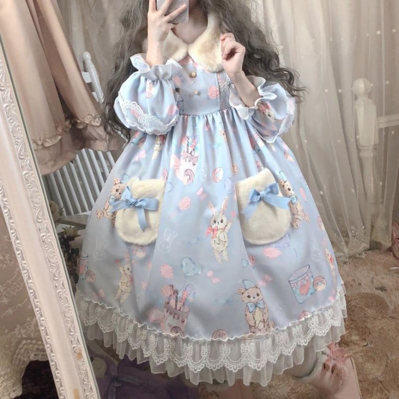 Lolita Bunny Bear Donut Long Sleeve Dress MK15400 - KawaiiMoriStore
