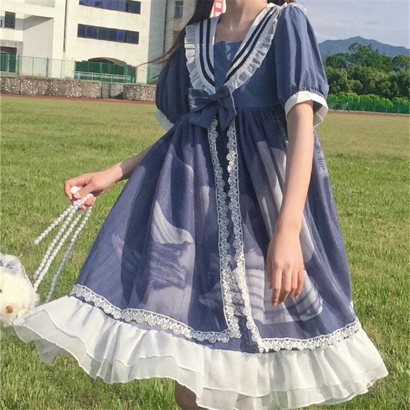 Lolita Cute Girl Cloud Moon Pattern Dress MK15865 - KawaiiMoriStore