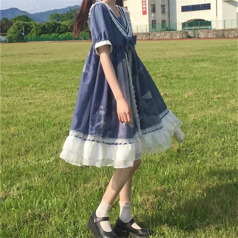 Lolita Cute Girl Cloud Moon Pattern Dress MK15865 - KawaiiMoriStore