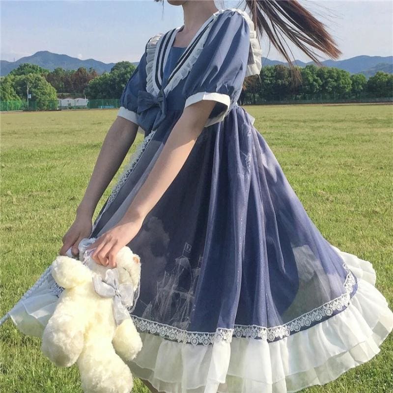 Lolita Cute Girl Cloud Moon Pattern Dress MK15865 - KawaiiMoriStore