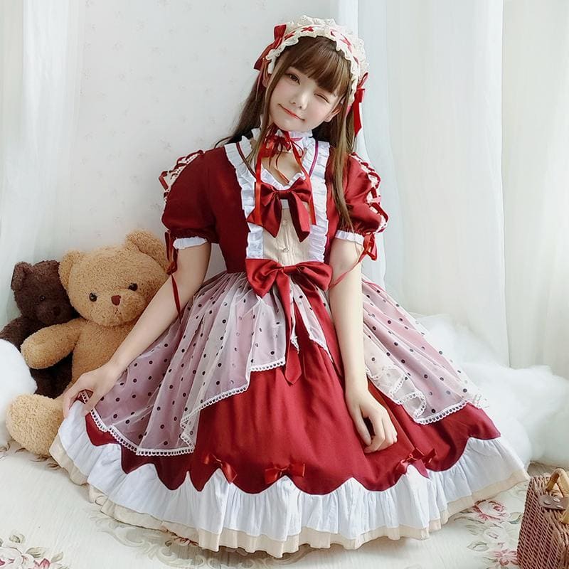 Lolita Cute Red Bow Princess Dress MM0885 - KawaiiMoriStore