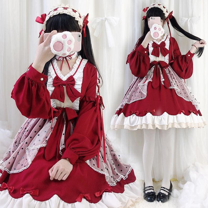 Lolita Cute Red Bow Princess Dress MM0885 - KawaiiMoriStore