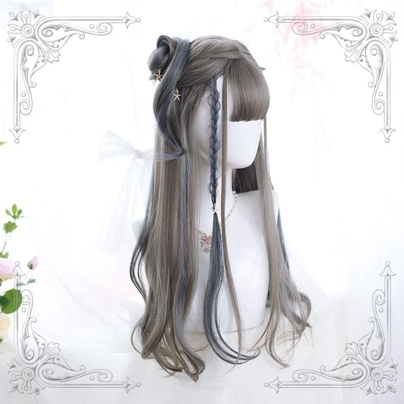 Lolita Gray Blue Highlighting Long Curly Wig MK0702 - KawaiiMoriStore