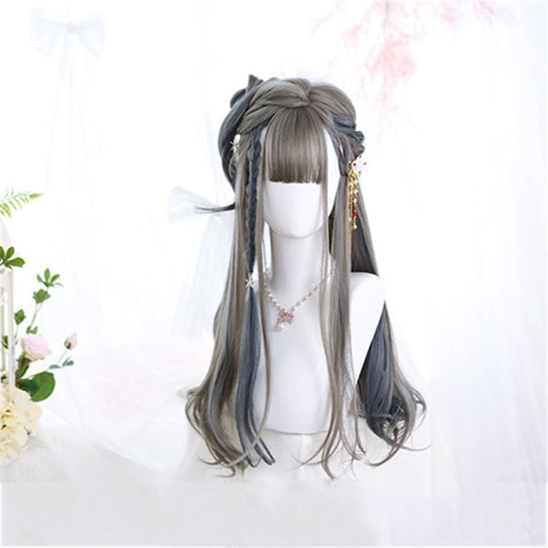 Lolita Gray Blue Highlighting Long Curly Wig MK0702 - KawaiiMoriStore