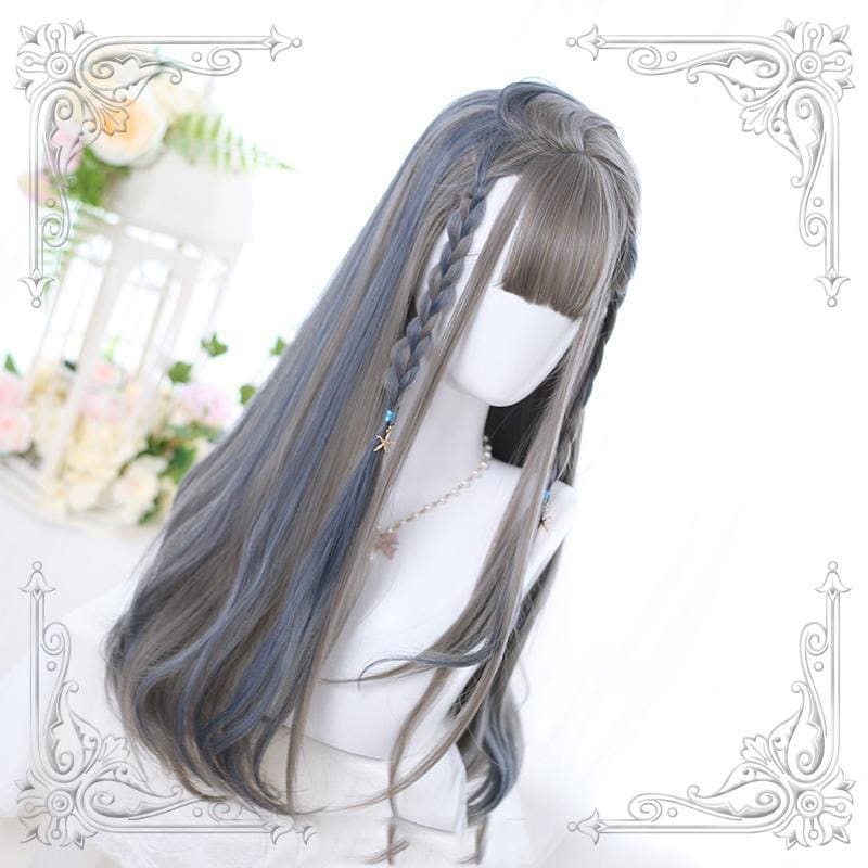 Lolita Gray Blue Highlighting Long Curly Wig MK0702 - KawaiiMoriStore