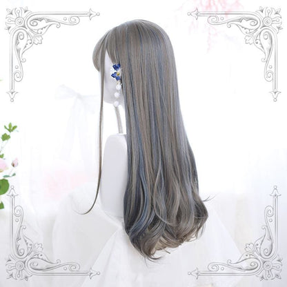 Lolita Gray Blue Highlighting Long Curly Wig MK0702 - KawaiiMoriStore