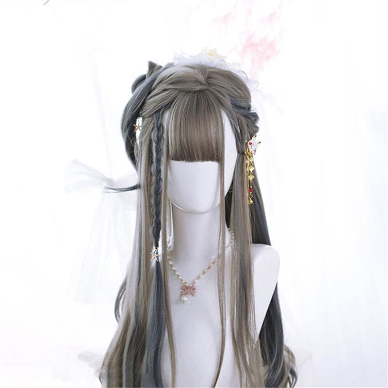 Lolita Gray Blue Highlighting Long Curly Wig MK0702 - KawaiiMoriStore