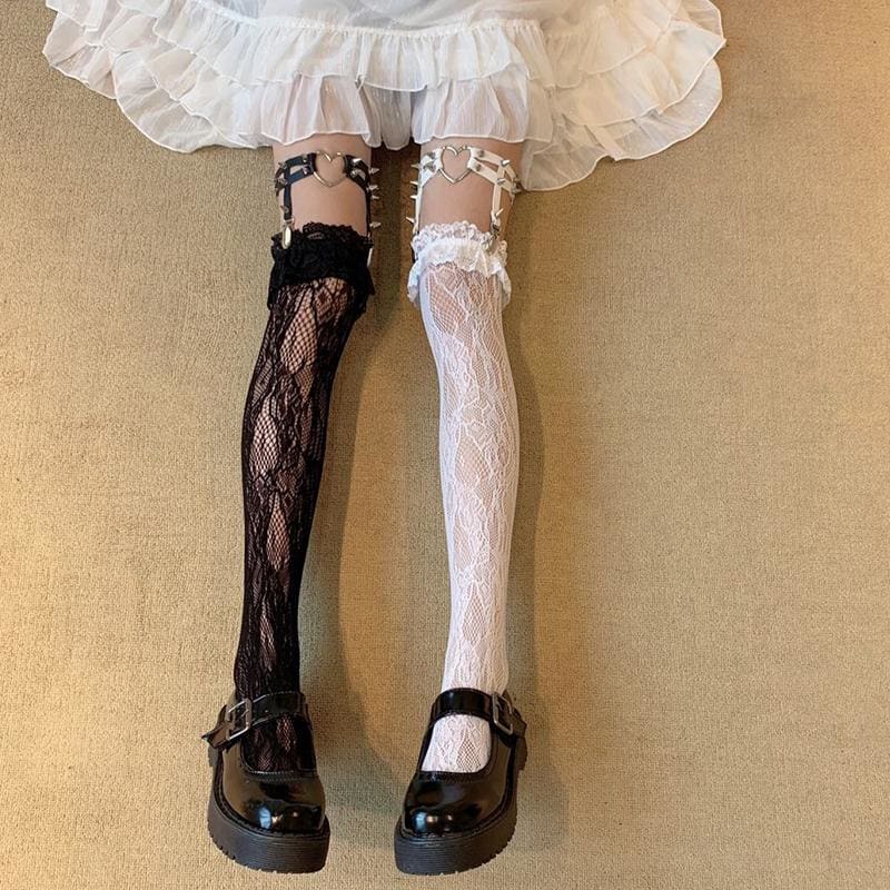 Lolita Lace Stockings Love Heart Rivet Leg Ring MK15716 - KawaiiMoriStore
