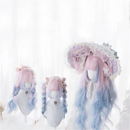 Lolita Pink Blue Gradient Long Curly Wig MK15369 - KawaiiMoriStore