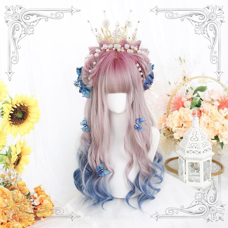 Lolita Pink Blue Gradient Long Curly Wig MK15518 - KawaiiMoriStore