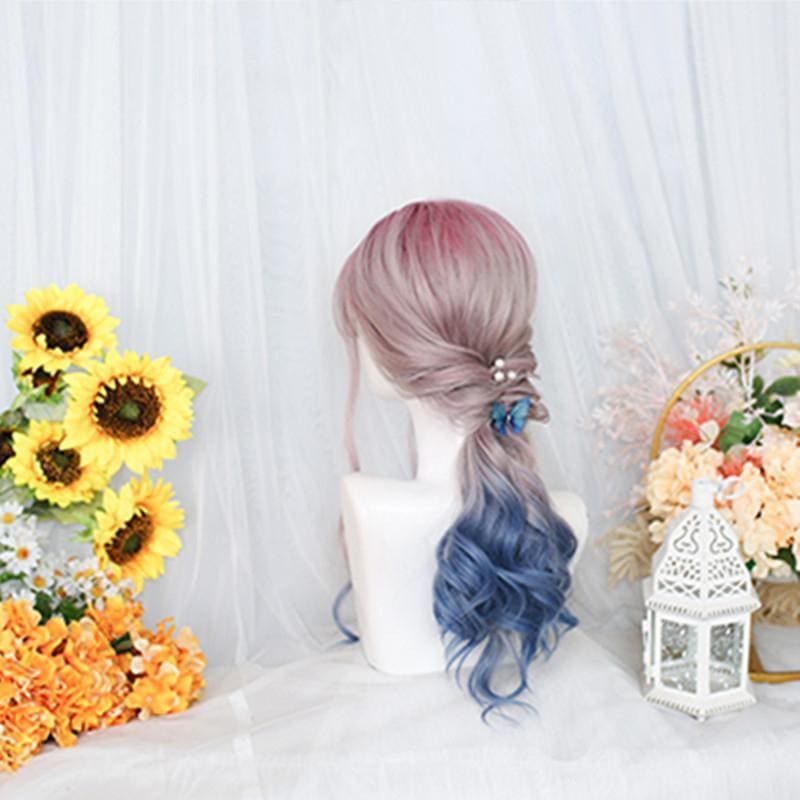 Lolita Pink Blue Gradient Long Curly Wig MK15518 - KawaiiMoriStore