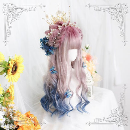 Lolita Pink Blue Gradient Long Curly Wig MK15518 - KawaiiMoriStore