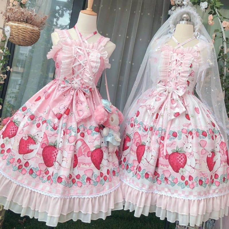 Lolita Strawberry Bunny Lace JSK Dress MK15290 - KawaiiMoriStore
