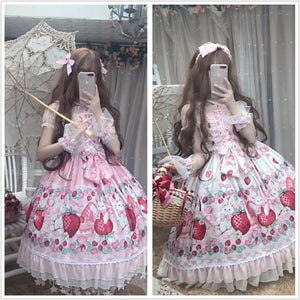 Lolita Strawberry Bunny Lace JSK Dress MK15290 - KawaiiMoriStore