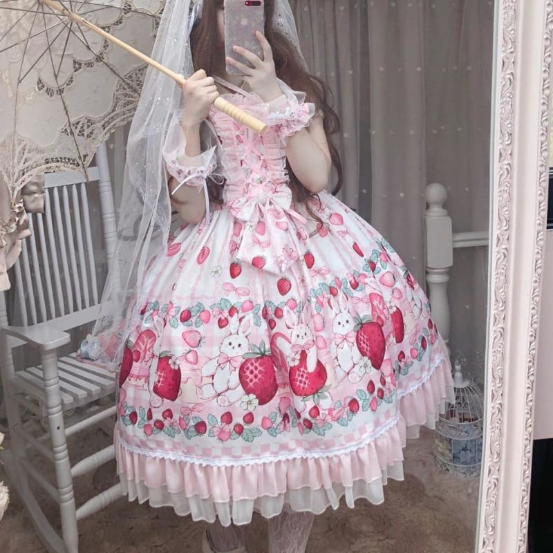 Lolita Strawberry Bunny Lace JSK Dress MK15290 - KawaiiMoriStore