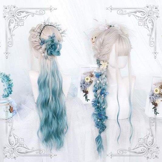 Lolita White Silver Gradiente Blue Long Curly Wig MK16494 - 