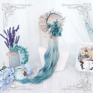 Lolita White Silver Gradiente Blue Long Curly Wig MK16494 - 
