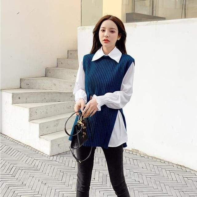 Pandora - Long Lantern Sleeve Shirt With Knitted Sweater Top