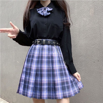 Long/Short Sleeve High Waist Plaid Pleated Skirts JK School Uniform MK15386 - KawaiiMoriStore