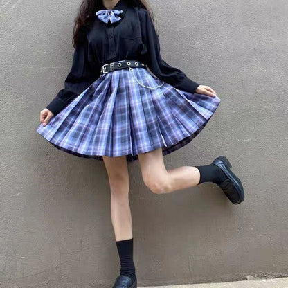 Long/Short Sleeve High Waist Plaid Pleated Skirts JK School Uniform MK15386 - KawaiiMoriStore