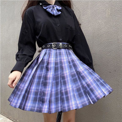 Long/Short Sleeve High Waist Plaid Pleated Skirts JK School Uniform MK15386 - KawaiiMoriStore