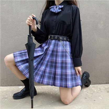 Long/Short Sleeve High Waist Plaid Pleated Skirts JK School Uniform MK15386 - KawaiiMoriStore