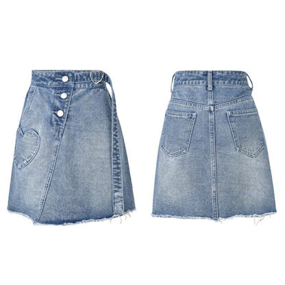 Love Heart Pocket Buckle High Waist Denim Skirt MK0002 - KawaiiMoriStore