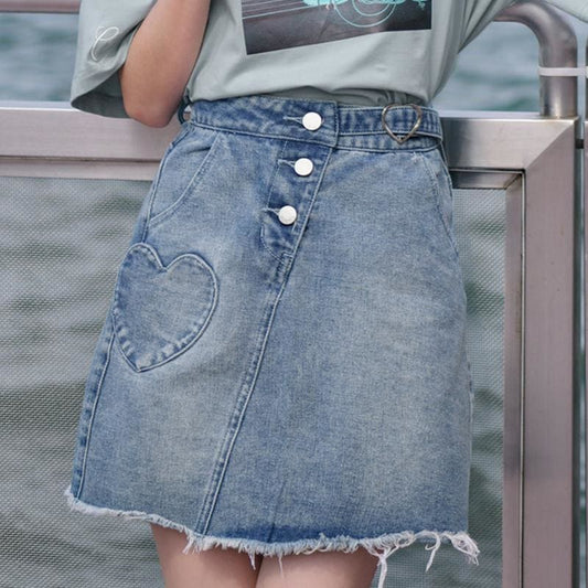 Love Heart Pocket Buckle High Waist Denim Skirt MK0002 - KawaiiMoriStore