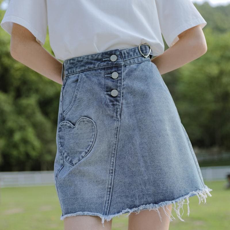 Love Heart Pocket Buckle High Waist Denim Skirt MK0002 - KawaiiMoriStore