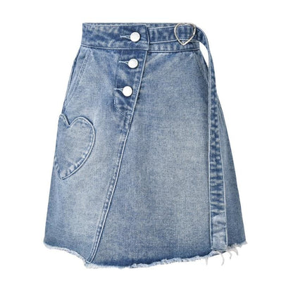 Love Heart Pocket Buckle High Waist Denim Skirt MK0002 - KawaiiMoriStore