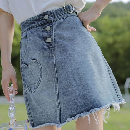 Love Heart Pocket Buckle High Waist Denim Skirt MK0002 - KawaiiMoriStore