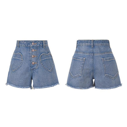 Love Heart Pocket High Waist Denim Shorts MK15811 - KawaiiMoriStore