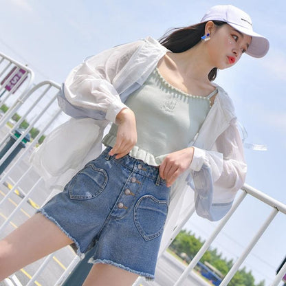 Love Heart Pocket High Waist Denim Shorts MK15811 - KawaiiMoriStore