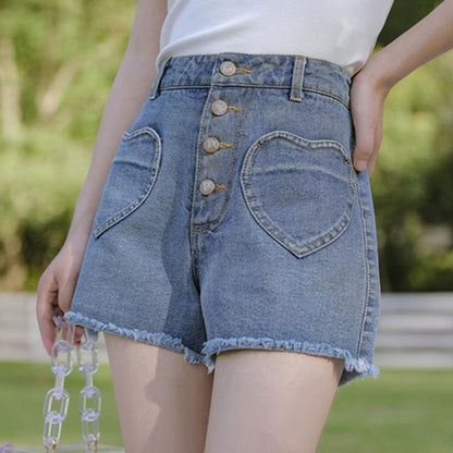 Love Heart Pocket High Waist Denim Shorts MK15811 - KawaiiMoriStore