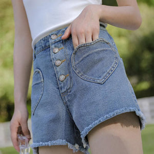 Love Heart Pocket High Waist Denim Shorts MK15811 - KawaiiMoriStore