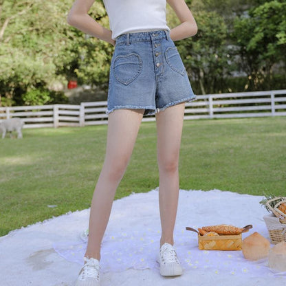 Love Heart Pocket High Waist Denim Shorts MK15811 - KawaiiMoriStore