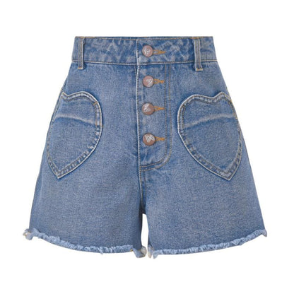 Love Heart Pocket High Waist Denim Shorts MK15811 - KawaiiMoriStore