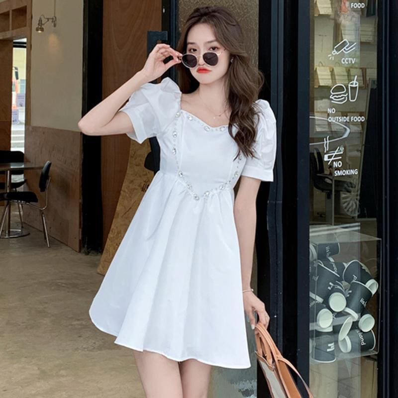 Love Heart Rhinestone Puff Sleeve Mini Dress