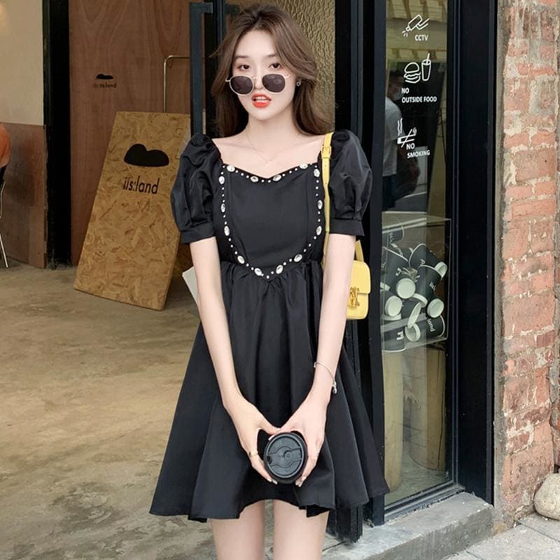 Love Heart Rhinestone Puff Sleeve Mini Dress