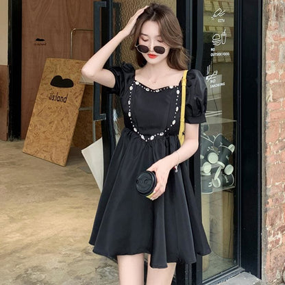 Love Heart Rhinestone Puff Sleeve Mini Dress