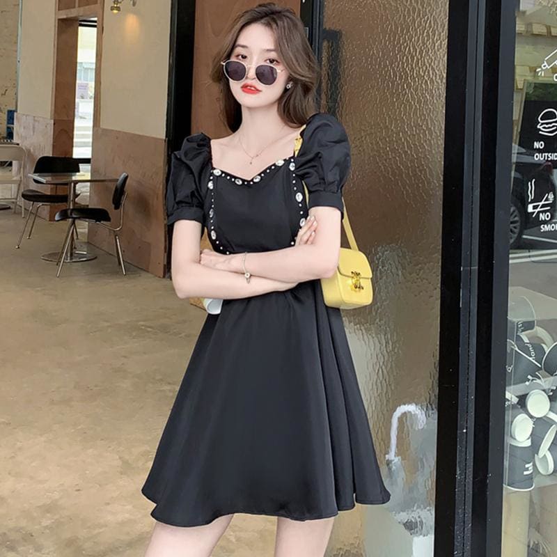 Love Heart Rhinestone Puff Sleeve Mini Dress